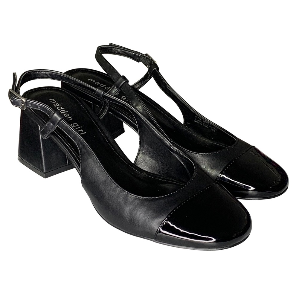 Madden Girl Kllty Black Block Heel Slingback Pumps Cap Toe Women's Size‎ 9M